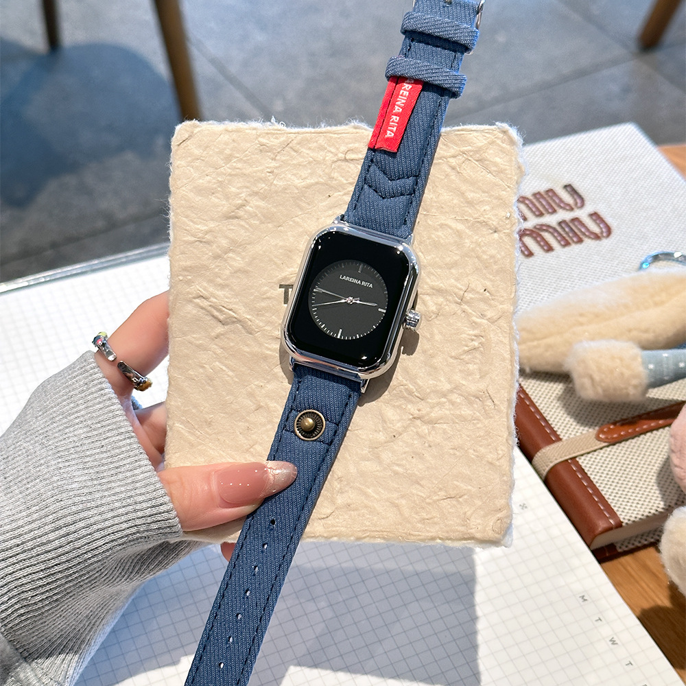 Canvas Strap Watch - นาฬิกาทรงสี่เหลี่ยมมีสไตล์ใหม่พร้อมสายผ้าเดนิม นาฬิกาควอทซ์สำหรับคู่รัก ทุกเพศ นาฬิกาข้อมือควอทซ์ทันสมัย นาฬิกาคู่รัก