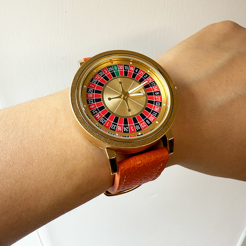 Leather Watch Band Men - นาฬิกาข้อมือผู้ชายแบบหมุนได้ ดีไซน์คาสิโน สายหนัง รุ่นหรูหรา สีทอง ระบบควอตซ์