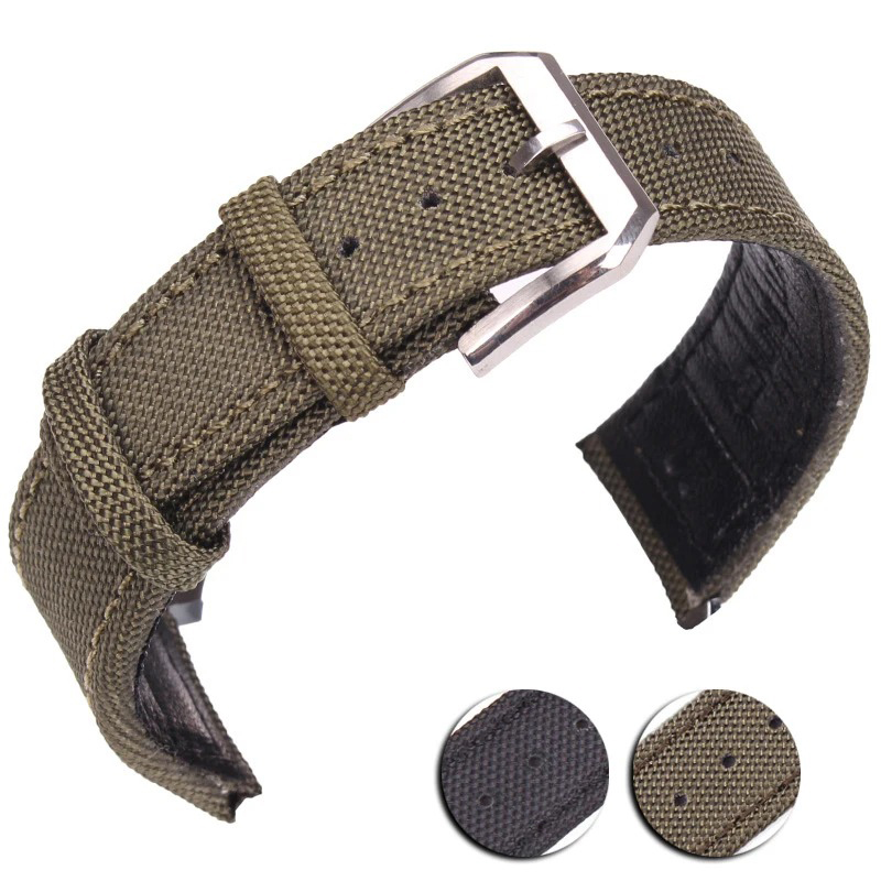 Nato Strap Nylon - สายนาฬิกาหนังไนลอนแท้20มม. 21มม. 22มม. สาย unisex สีเขียวสีดำพร้อมหัวเข็มขัดเงิน