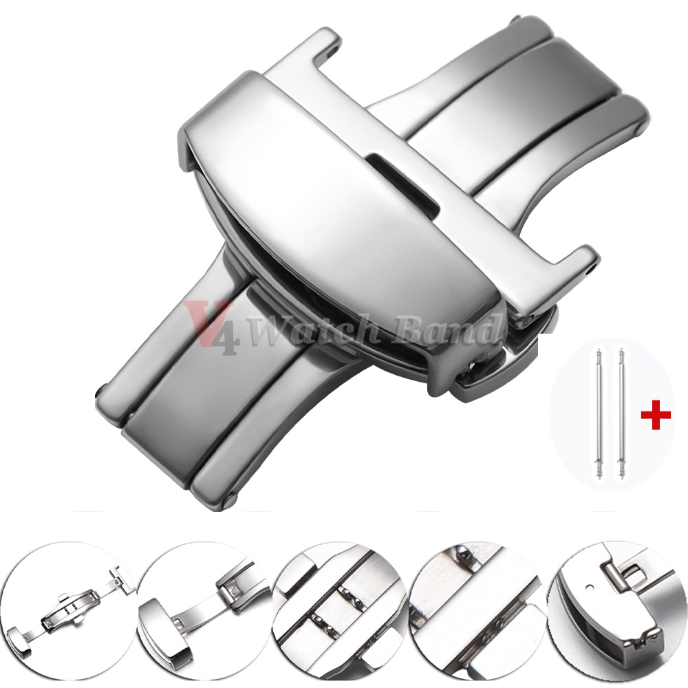 Butterfly Clasp Deployant - หัวเข็มขัดสายนาฬิกาแบบด้านขัดเงา ปุ่มคู่ สแตนเลสสตีล แบบผีเสื้อ ขนาด 14/16/18/20/22