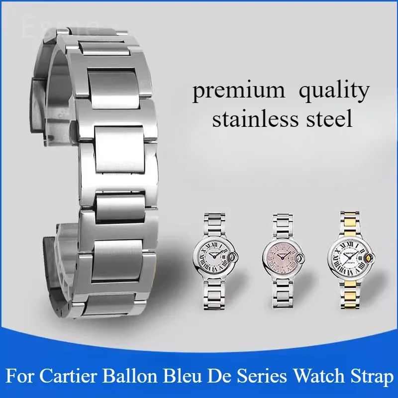 Cartier Watch Ballon Bleu - สายนาฬิกาสำหรับคาร์เทียร์ บอลลอน บลู เดอ ซีรีส์สายสแตนเลสสตีลแบบแข็งพร้อมอุปกรณ์เสริมสายนาฬิกาแบบโค้งเว้า