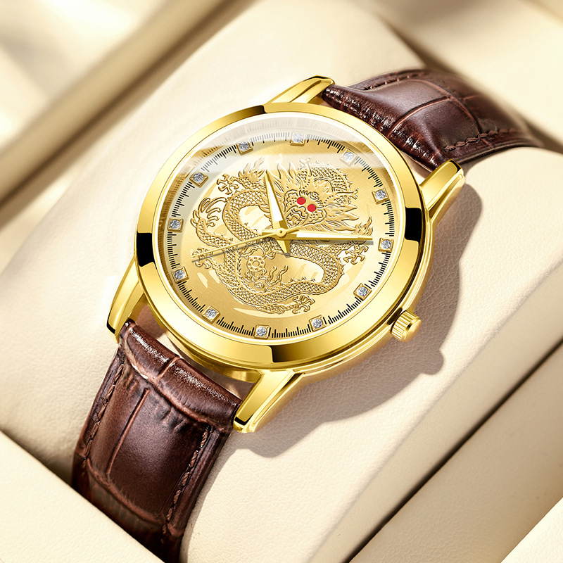 Leather Watch Band Men - นาฬิกาควอตซ์ผู้ชาย สายหนัง นาฬิกาข้อมือลายมังกร แฟชั่นยอดนิยม ธุรกิจ ลำลอง