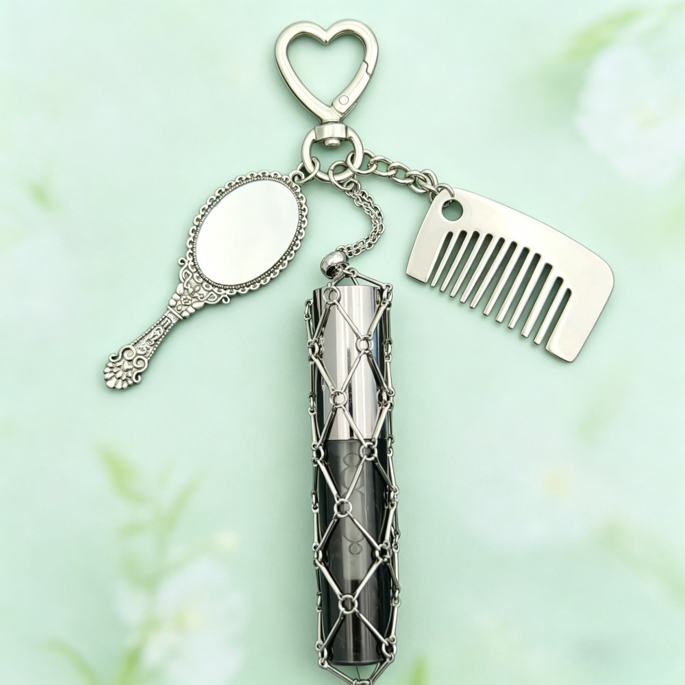 Mesh Strap Metal - กระเป๋าใส่ลิปสติกแบบตาข่ายโลหะวินเทจ พวงกุญแจแบบพกพา พร้อมกระจก หวีขนาดเล็ก ของขวัญอเนกประสงค์สำหรับผู้หญิง