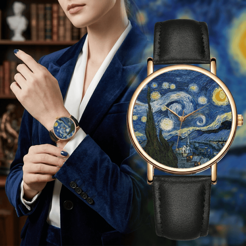 Leather Watch Band Men - นาฬิกาข้อมือลายภาพวาดของแวนโก๊ะสำหรับผู้หญิงและผู้ชาย ตัวเรือนโลหะ สายหนัง นาฬิกาควอตซ์ ผลงานศิลปะ 